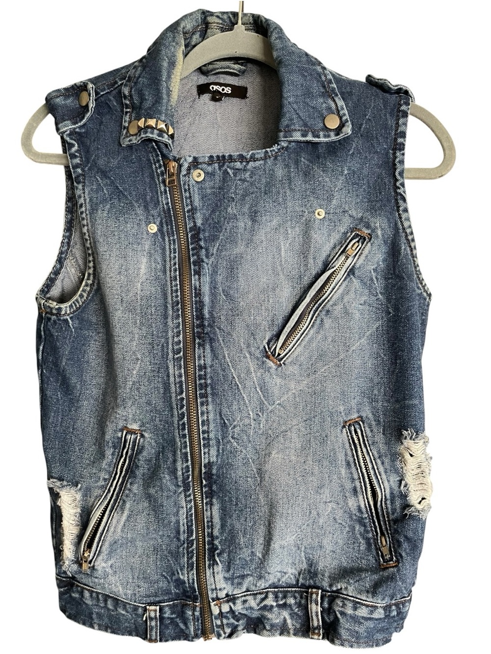 ASOS Womens 8 Denim Moto Vest Acid Wash Distressed Studded Biker Y2K Grunge